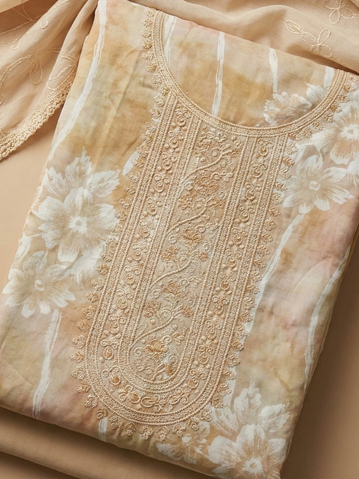 Mustard Embroidered Cotton Blend Unstitched Suit &amp; Pant With Cotton Dupatta