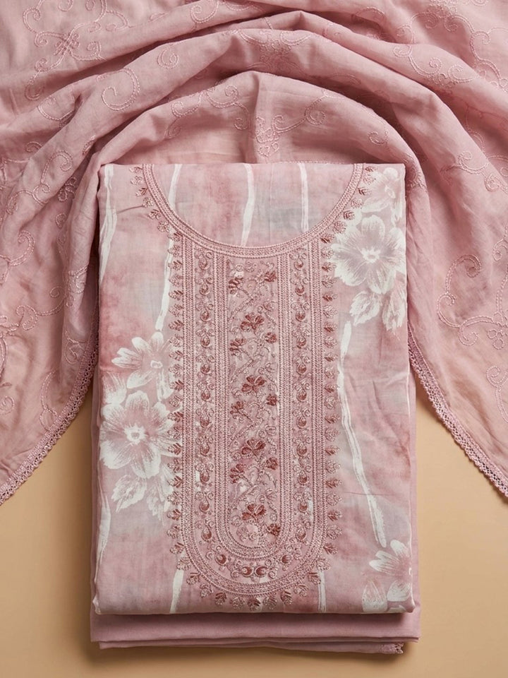 Pink Embroidered Cotton Blend Unstitched Suit &amp; Pant With Cotton Dupatta