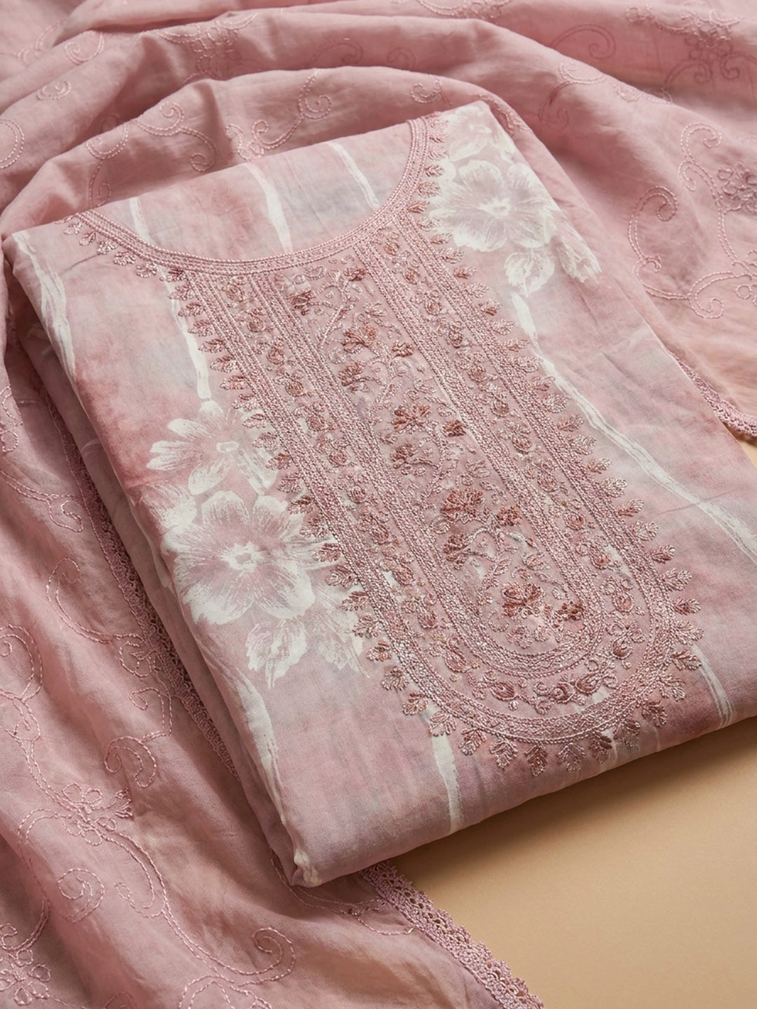 Pink Embroidered Cotton Blend Unstitched Suit &amp; Pant With Cotton Dupatta