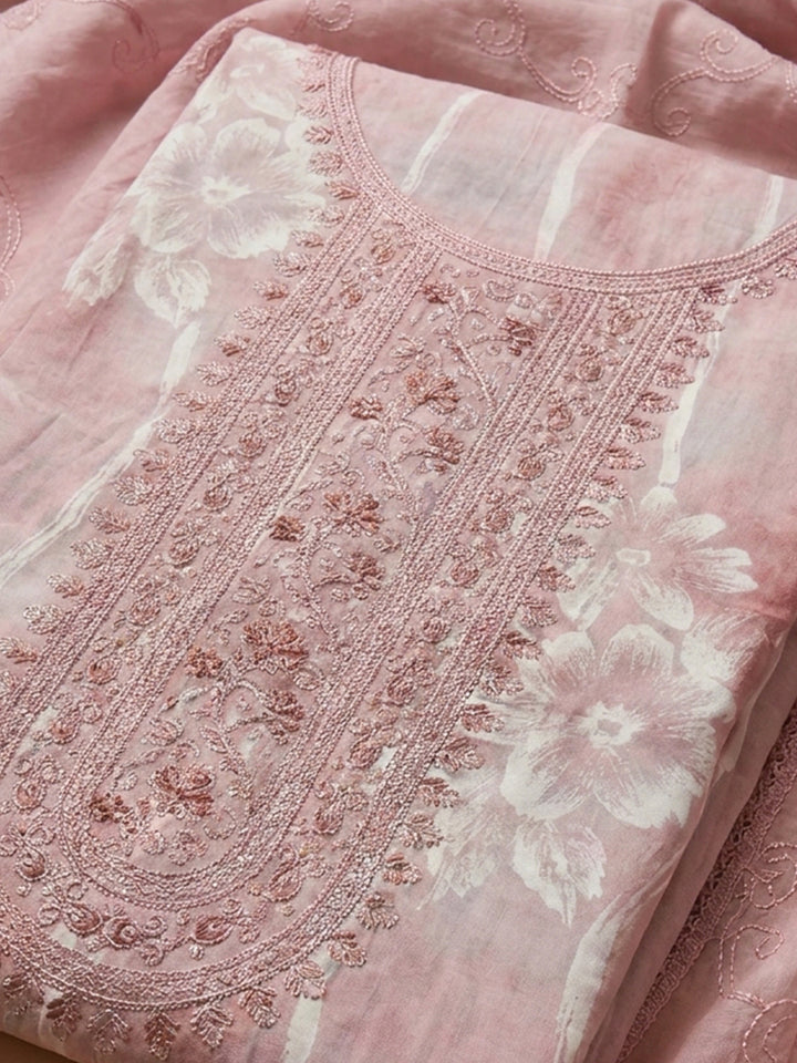 Pink Embroidered Cotton Blend Unstitched Suit &amp; Pant With Cotton Dupatta