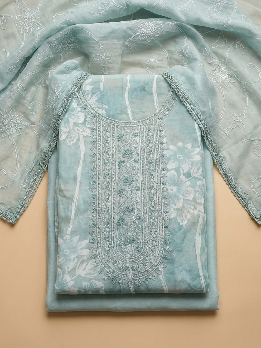 Sea Green Embroidered Cotton Blend Unstitched Suit &amp; Pant With Cotton Dupatta