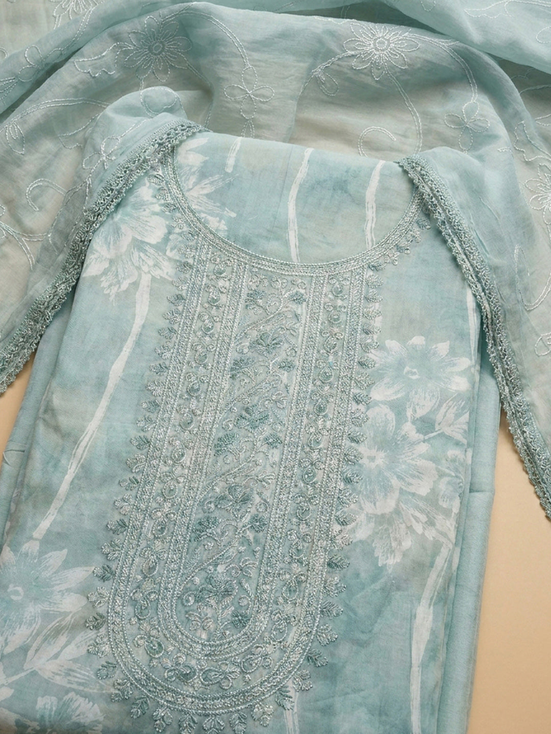 Sea Green Embroidered Cotton Blend Unstitched Suit &amp; Pant With Cotton Dupatta