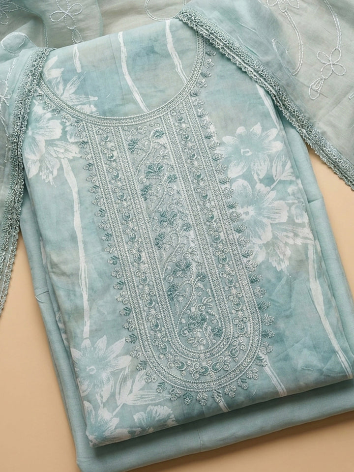 Sea Green Embroidered Cotton Blend Unstitched Suit &amp; Pant With Cotton Dupatta