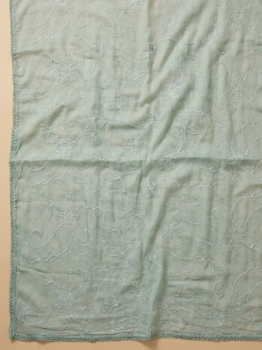 Sea Green Embroidered Cotton Blend Unstitched Suit &amp; Pant With Cotton Dupatta