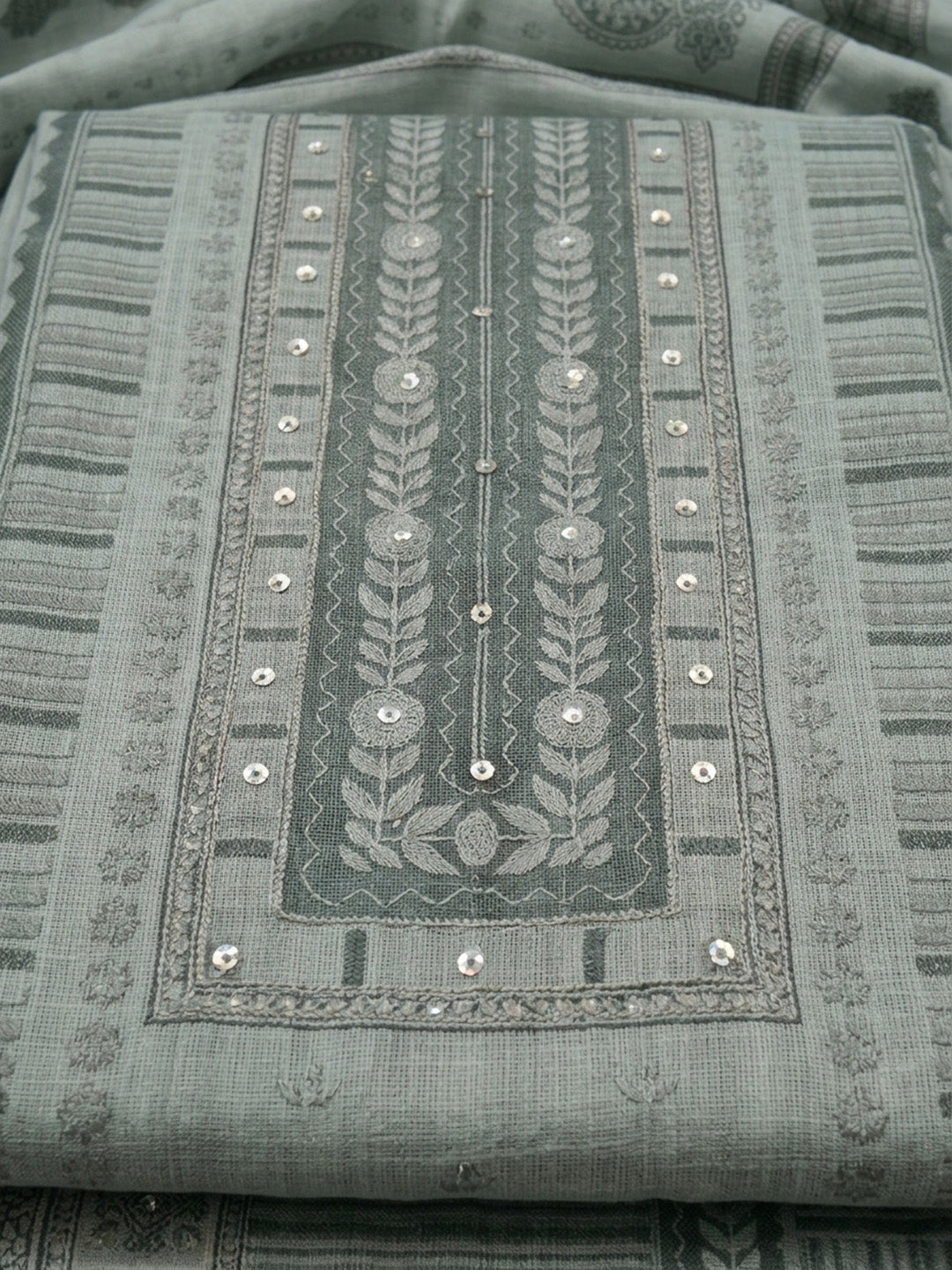 Grey Blue Printed Linen Blend Unstitched Dress Material