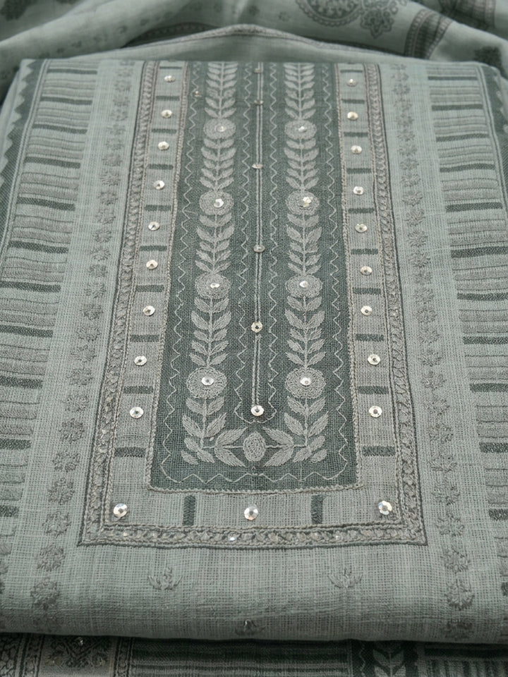 Grey Blue Printed Linen Blend Unstitched Dress Material