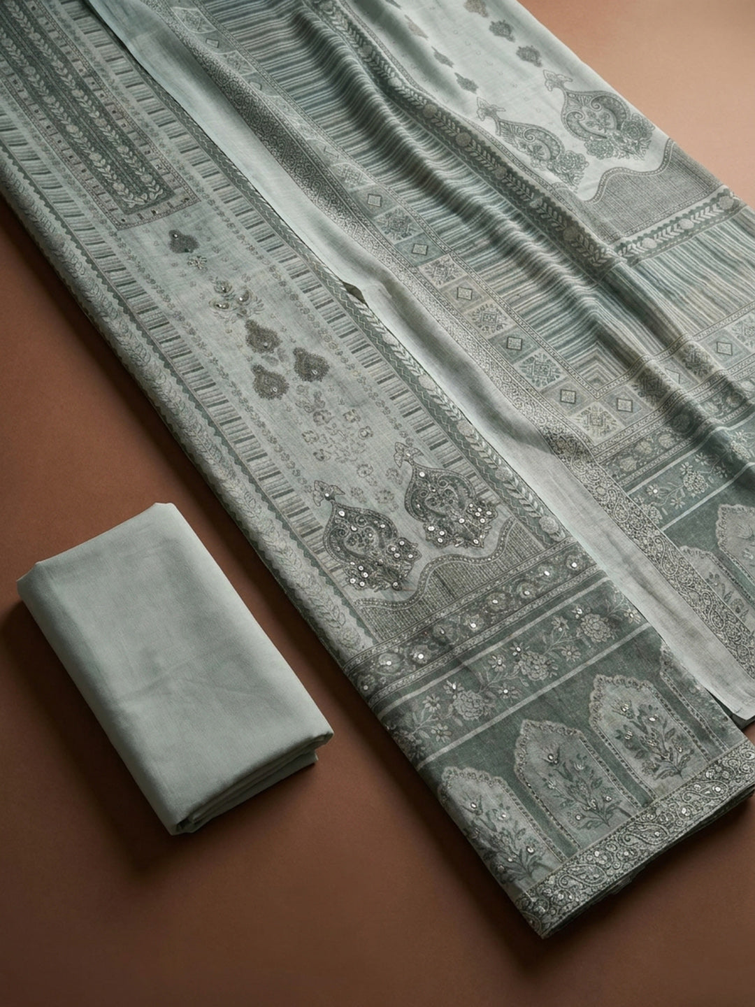 Grey Blue Printed Linen Blend Unstitched Dress Material