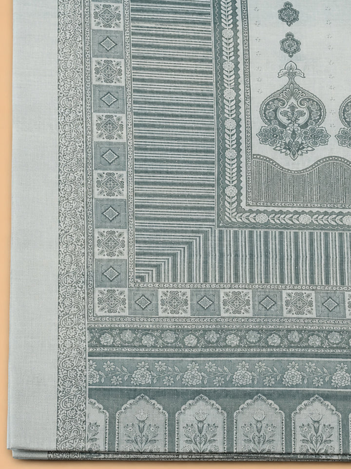 Grey Blue Printed Linen Blend Unstitched Dress Material