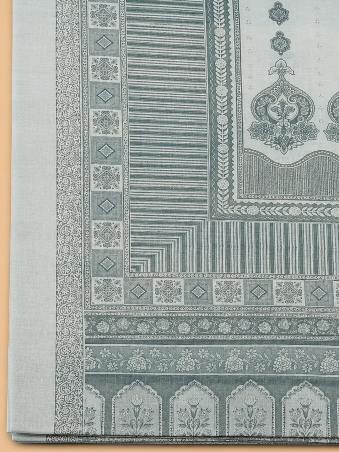 Grey Blue Printed Linen Blend Unstitched Dress Material