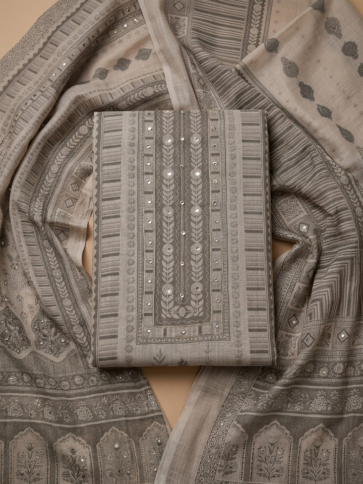 Grey Printed Linen Blend Unstitched Dress Material