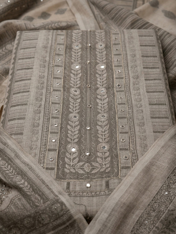 Grey Printed Linen Blend Unstitched Dress Material