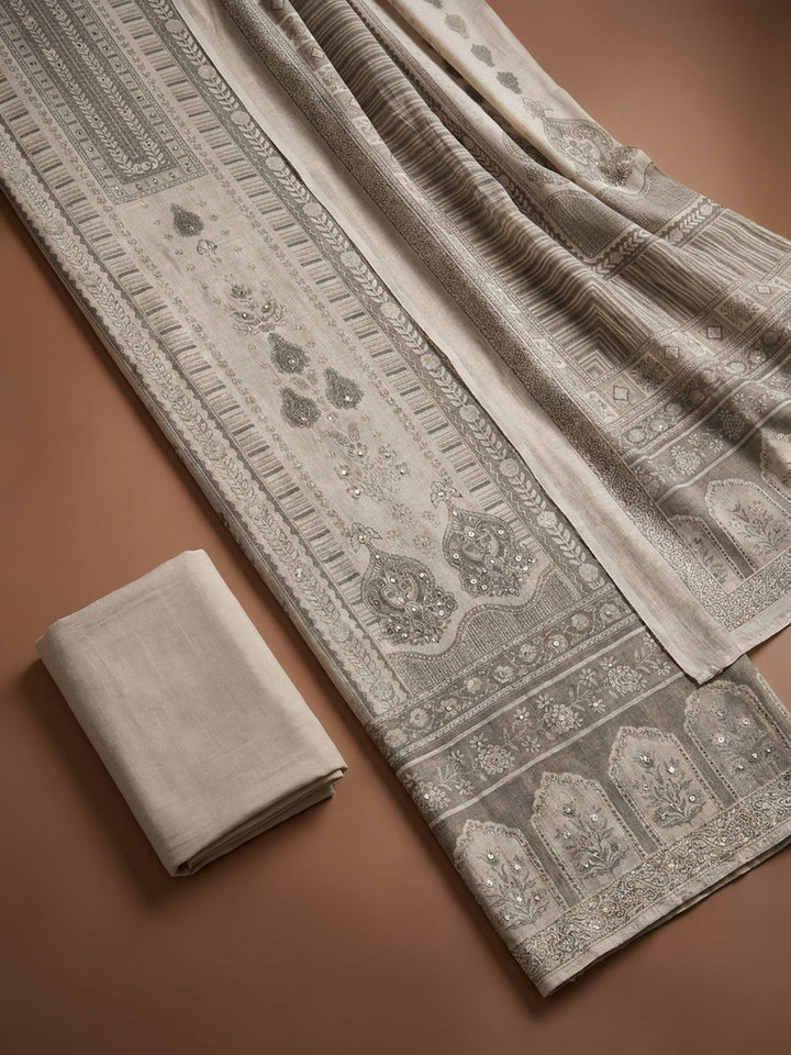 Grey Printed Linen Blend Unstitched Dress Material