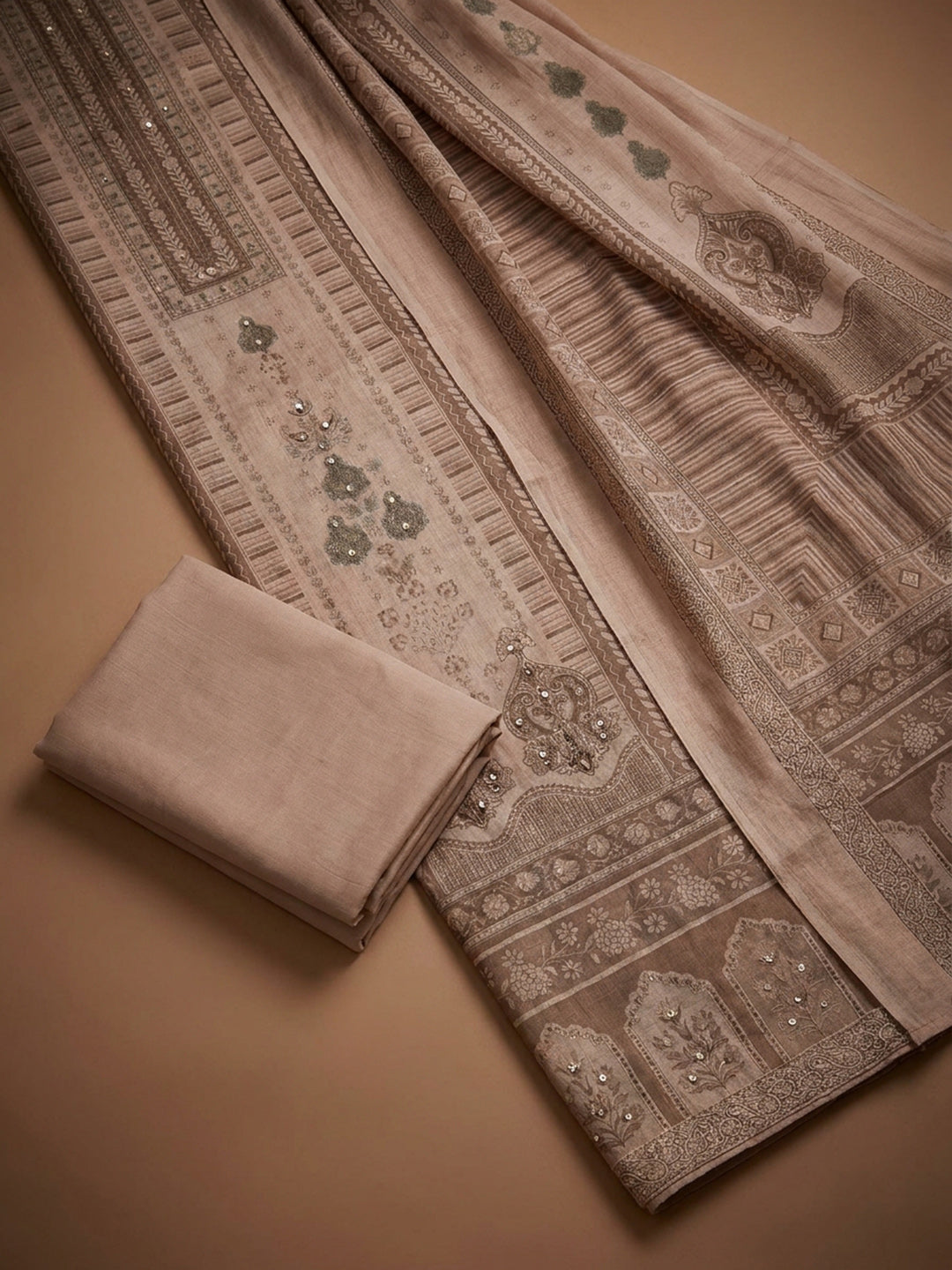 Peach Printed Linen Blend Unstitched Dress Material