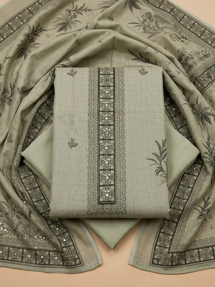 Aqua Printed Linen Blend Unstitched Dress Material