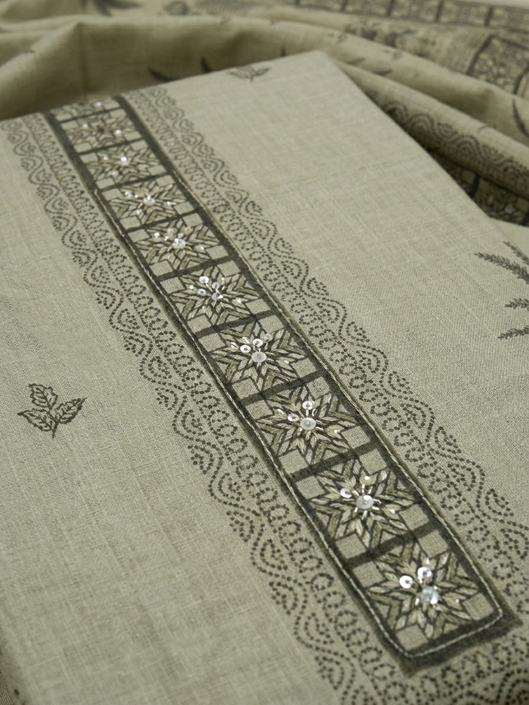 Aqua Printed Linen Blend Unstitched Dress Material