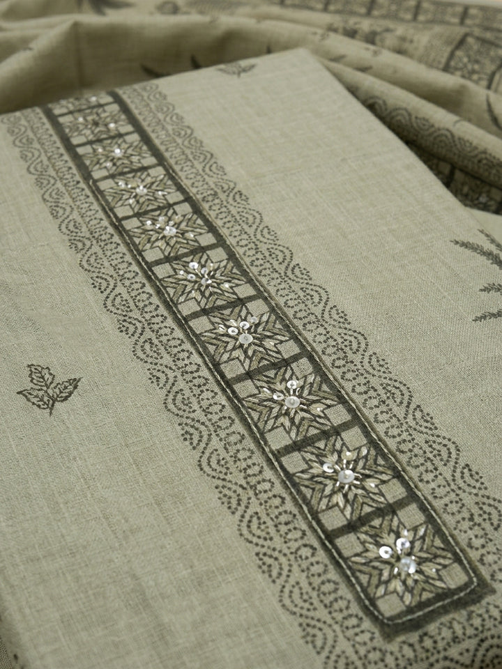 Aqua Printed Linen Blend Unstitched Dress Material