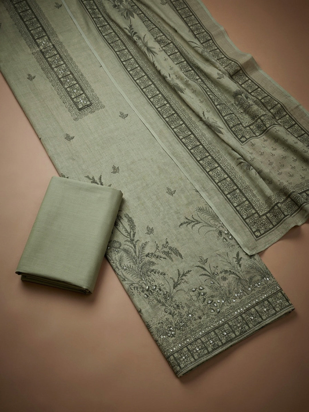 Aqua Printed Linen Blend Unstitched Dress Material