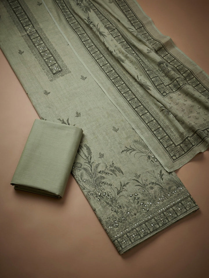 Aqua Printed Linen Blend Unstitched Dress Material