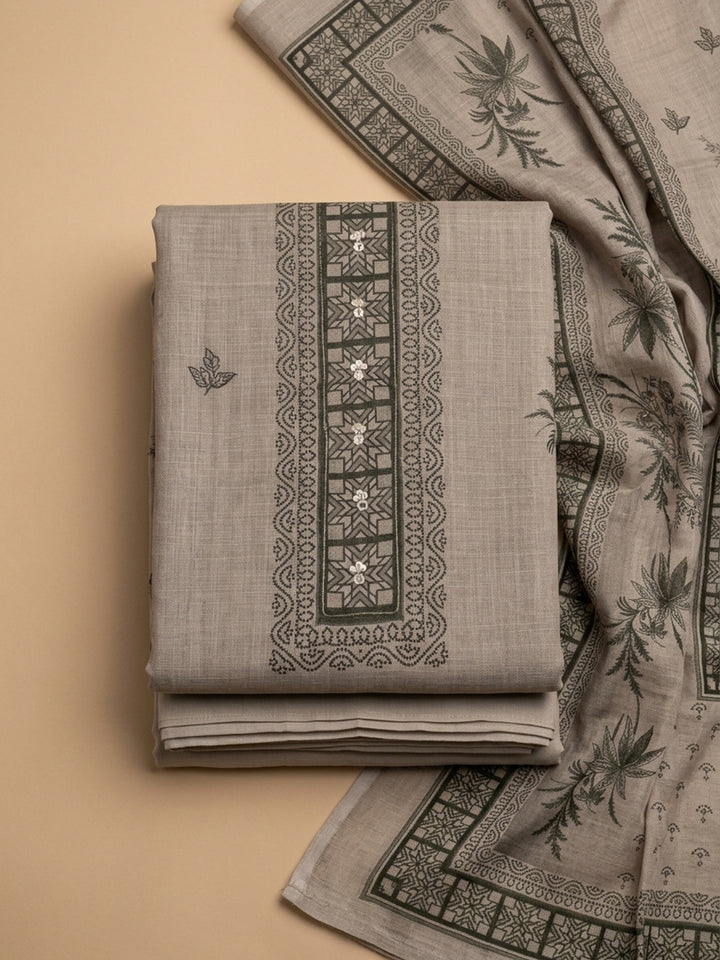 Beige Printed Linen Blend Unstitched Dress Material