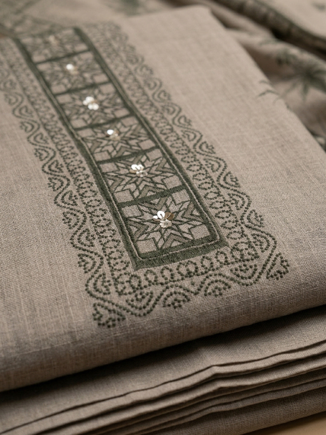 Beige Printed Linen Blend Unstitched Dress Material