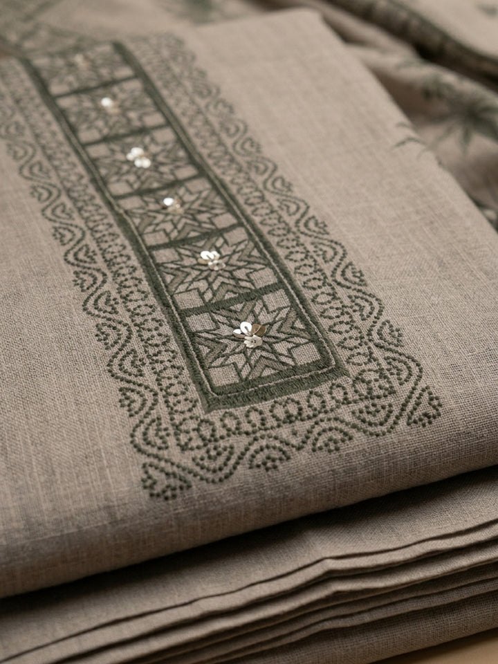 Beige Printed Linen Blend Unstitched Dress Material