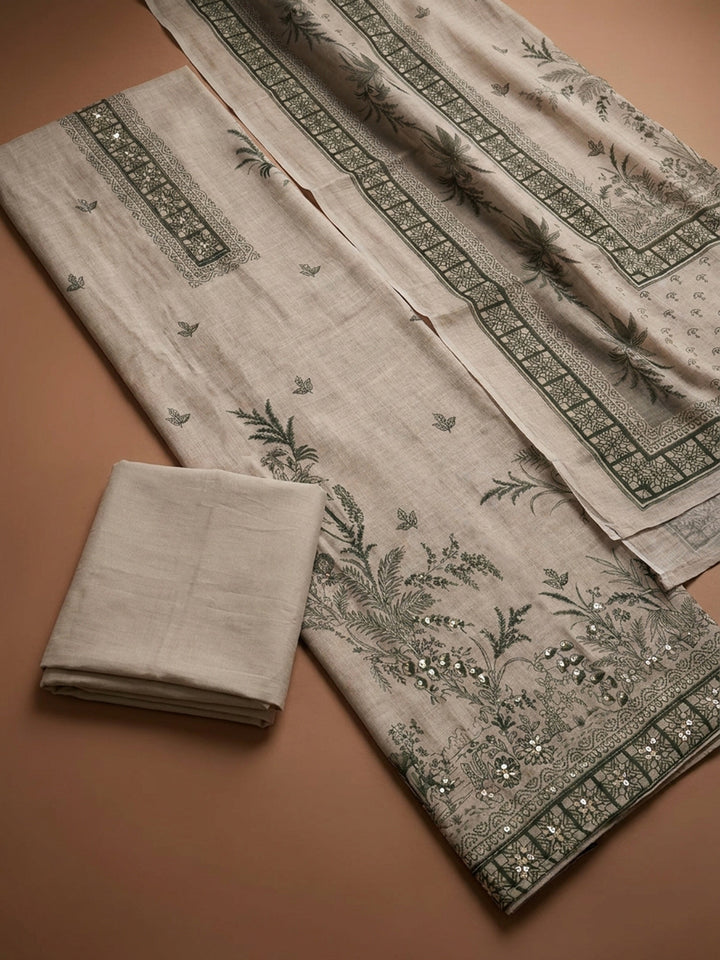 Beige Printed Linen Blend Unstitched Dress Material