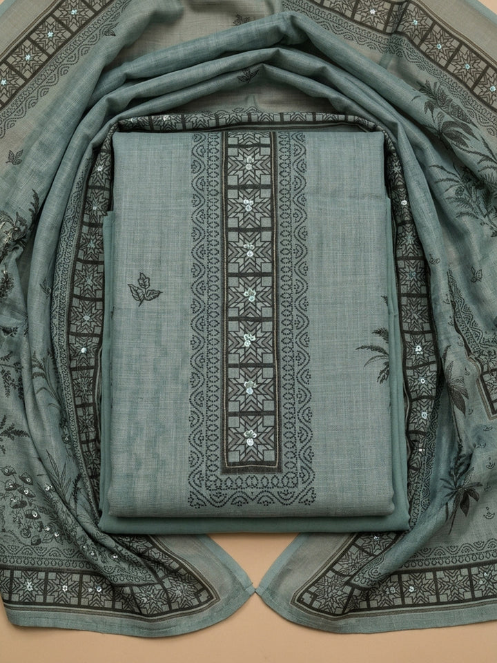 Aqua Printed Linen Blend Unstitched Dress Material
