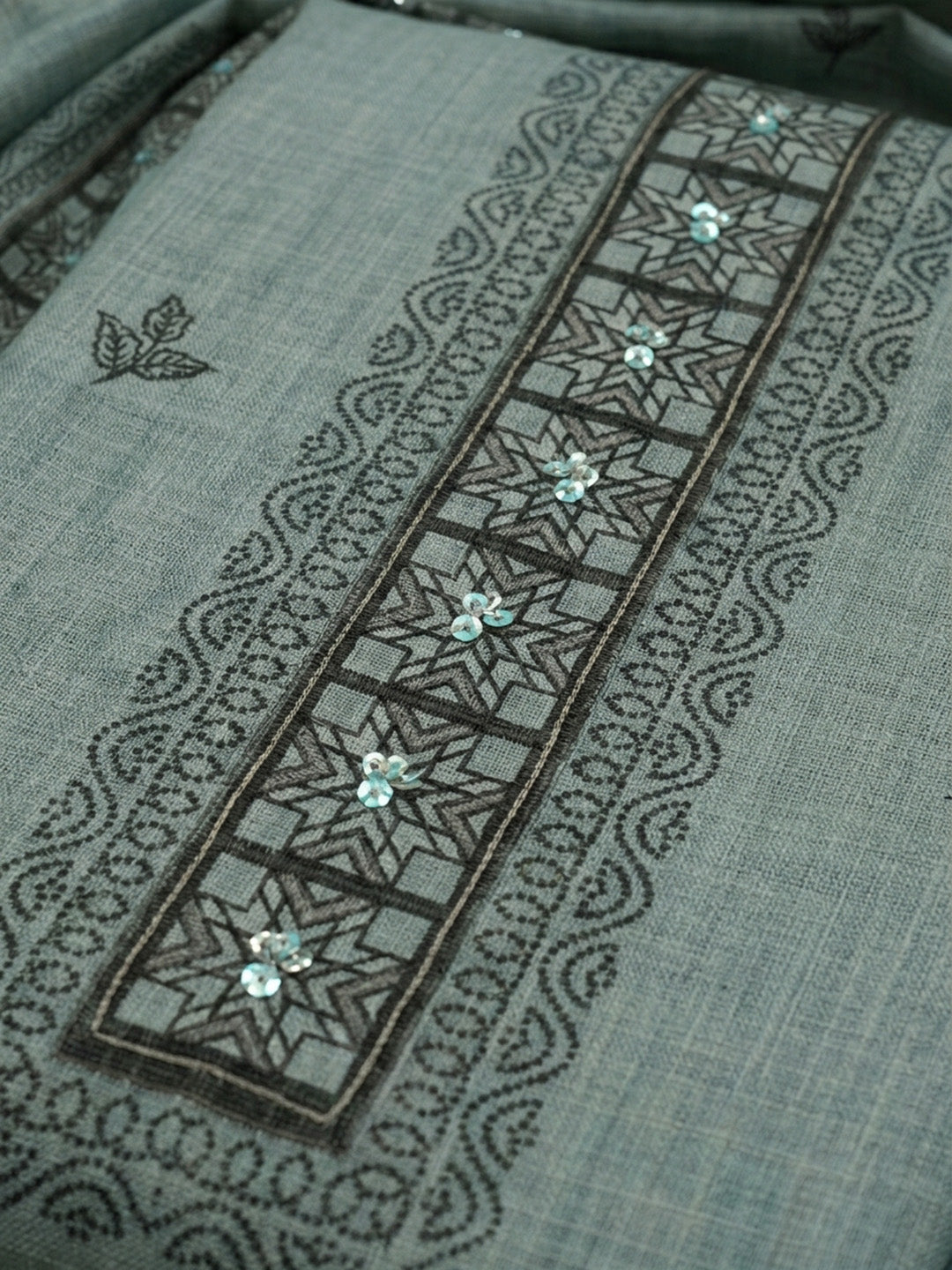 Aqua Printed Linen Blend Unstitched Dress Material