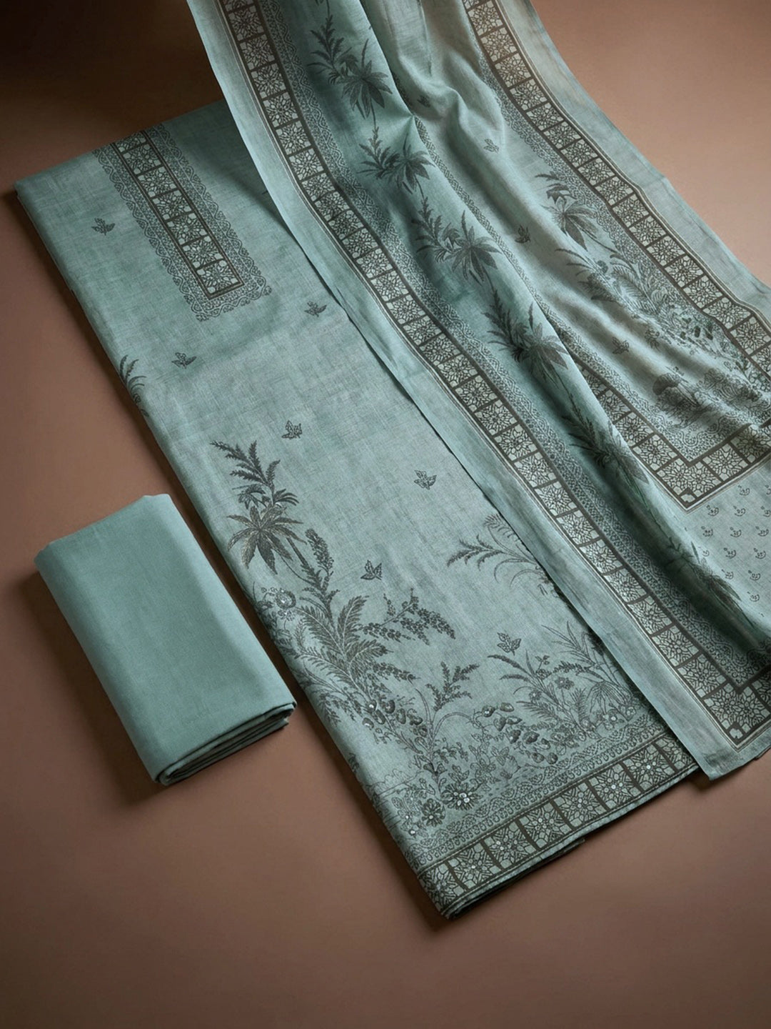 Aqua Printed Linen Blend Unstitched Dress Material