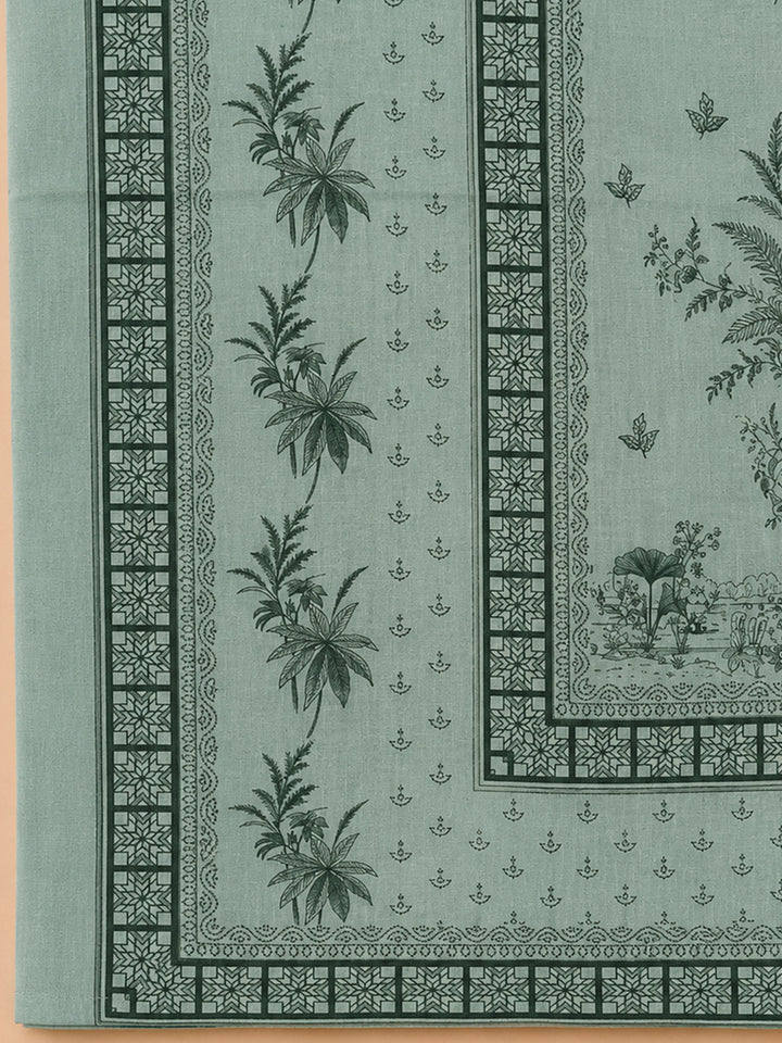 Grey Blue Printed Linen Blend Unstitched Dress Material
