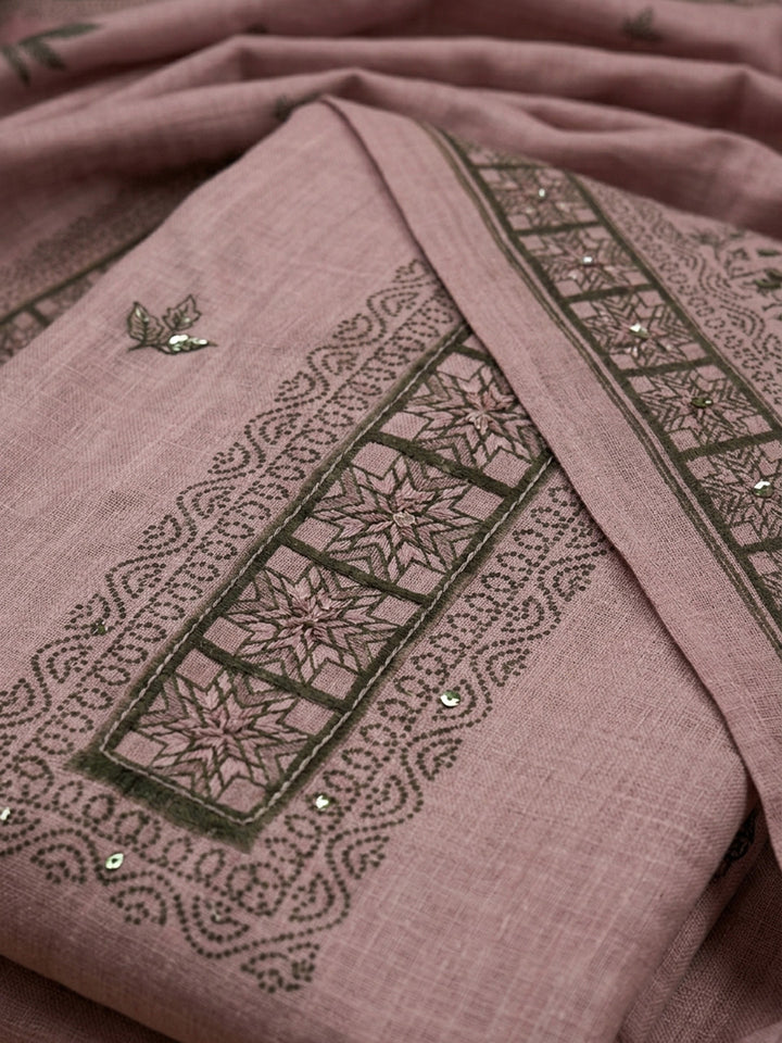 Onion Pink Printed Linen Blend Unstitched Dress Material