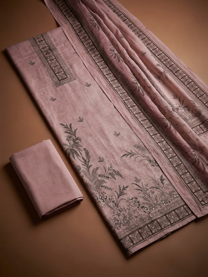 Onion Pink Printed Linen Blend Unstitched Dress Material