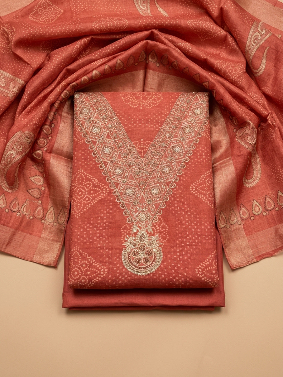 Dusty Pink Embroidery Chanderi Unstitched Dress Material