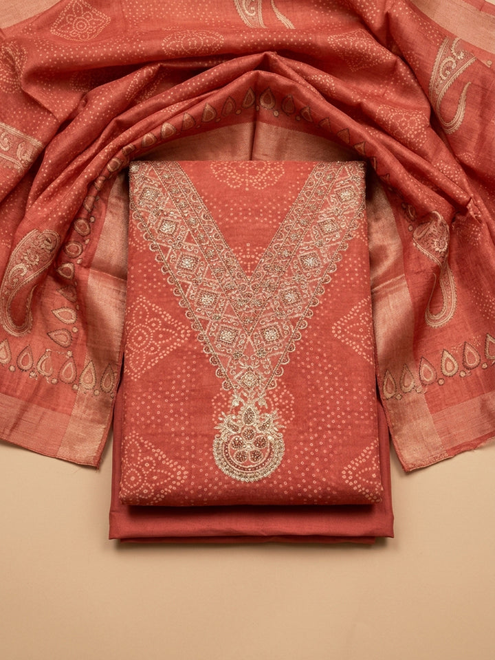 Dusty Pink Embroidery Chanderi Unstitched Dress Material
