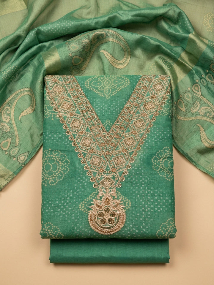 Green Embroidery Chanderi Unstitched Dress Material