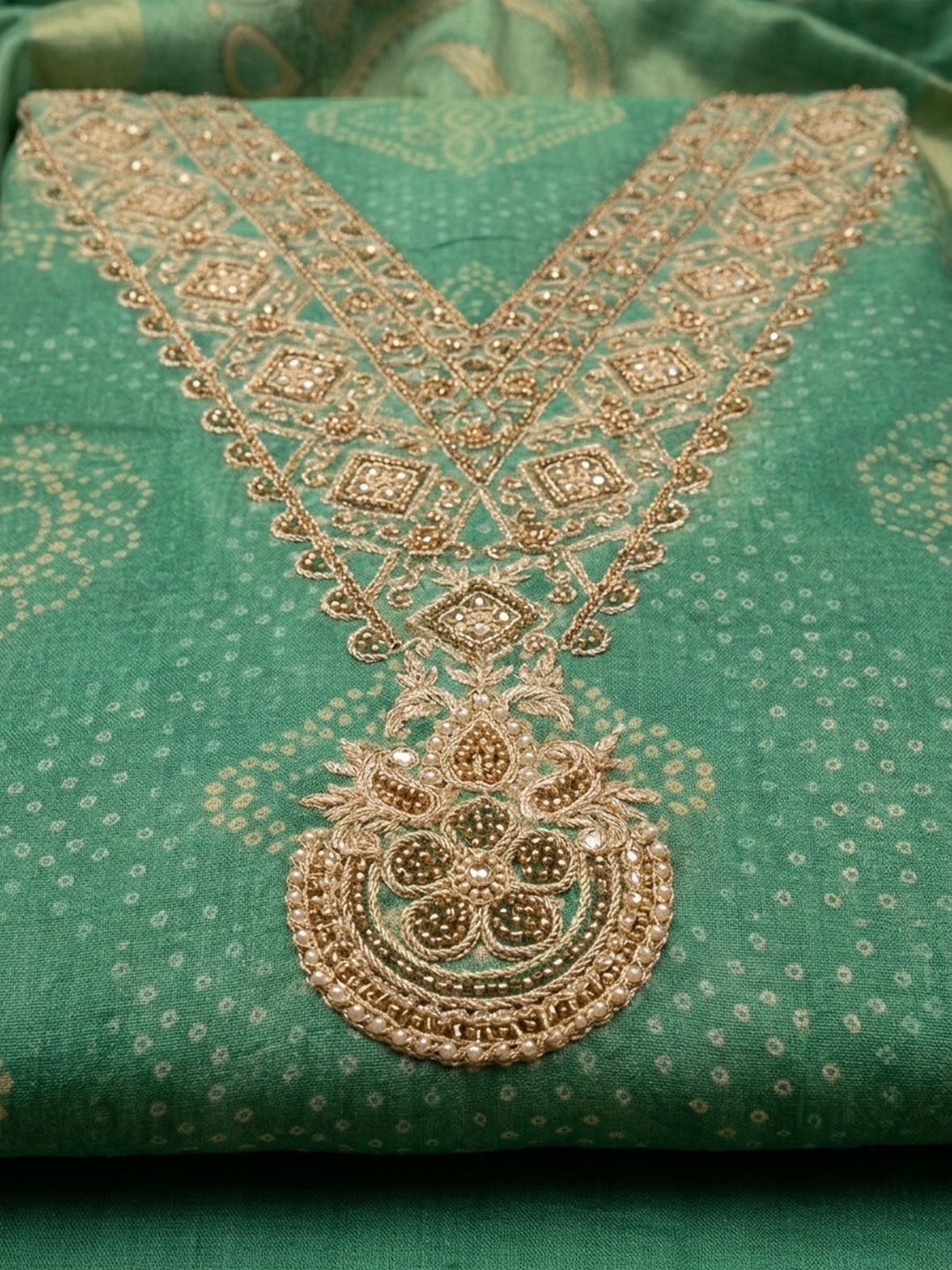 Green Embroidery Chanderi Unstitched Dress Material