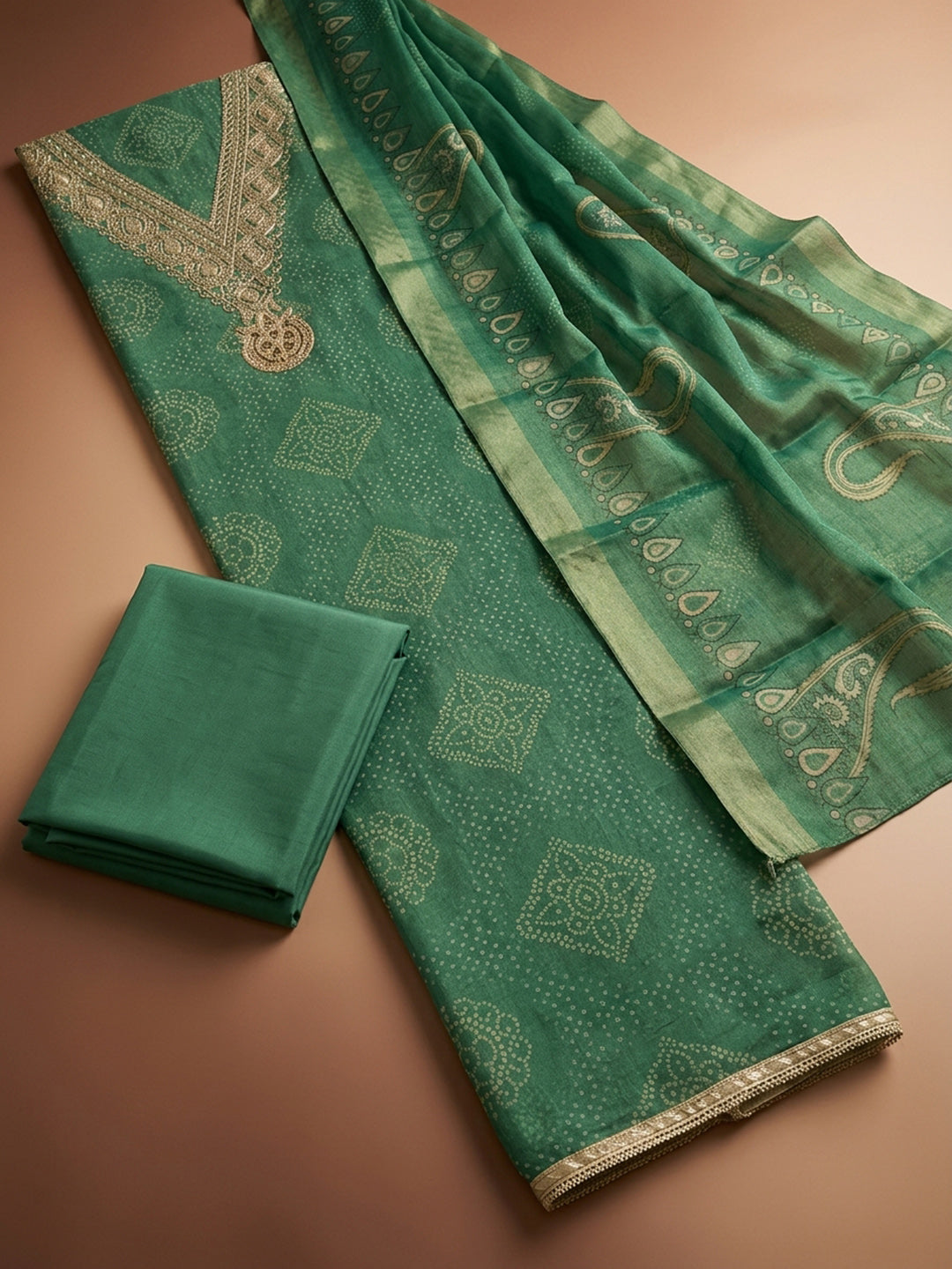 Green Embroidery Chanderi Unstitched Dress Material