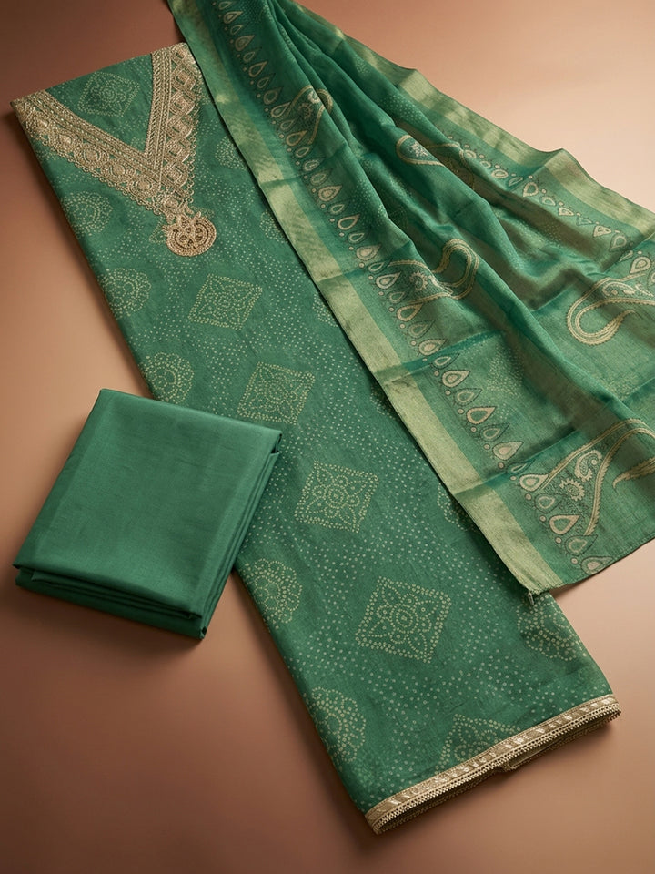 Green Embroidery Chanderi Unstitched Dress Material