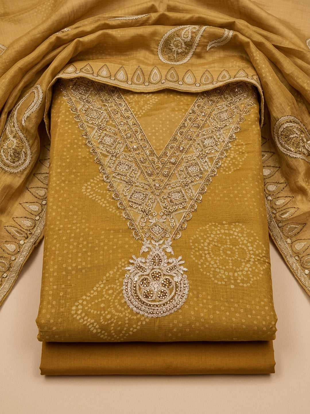 Mustard Embroidery Chanderi Unstitched Dress Material