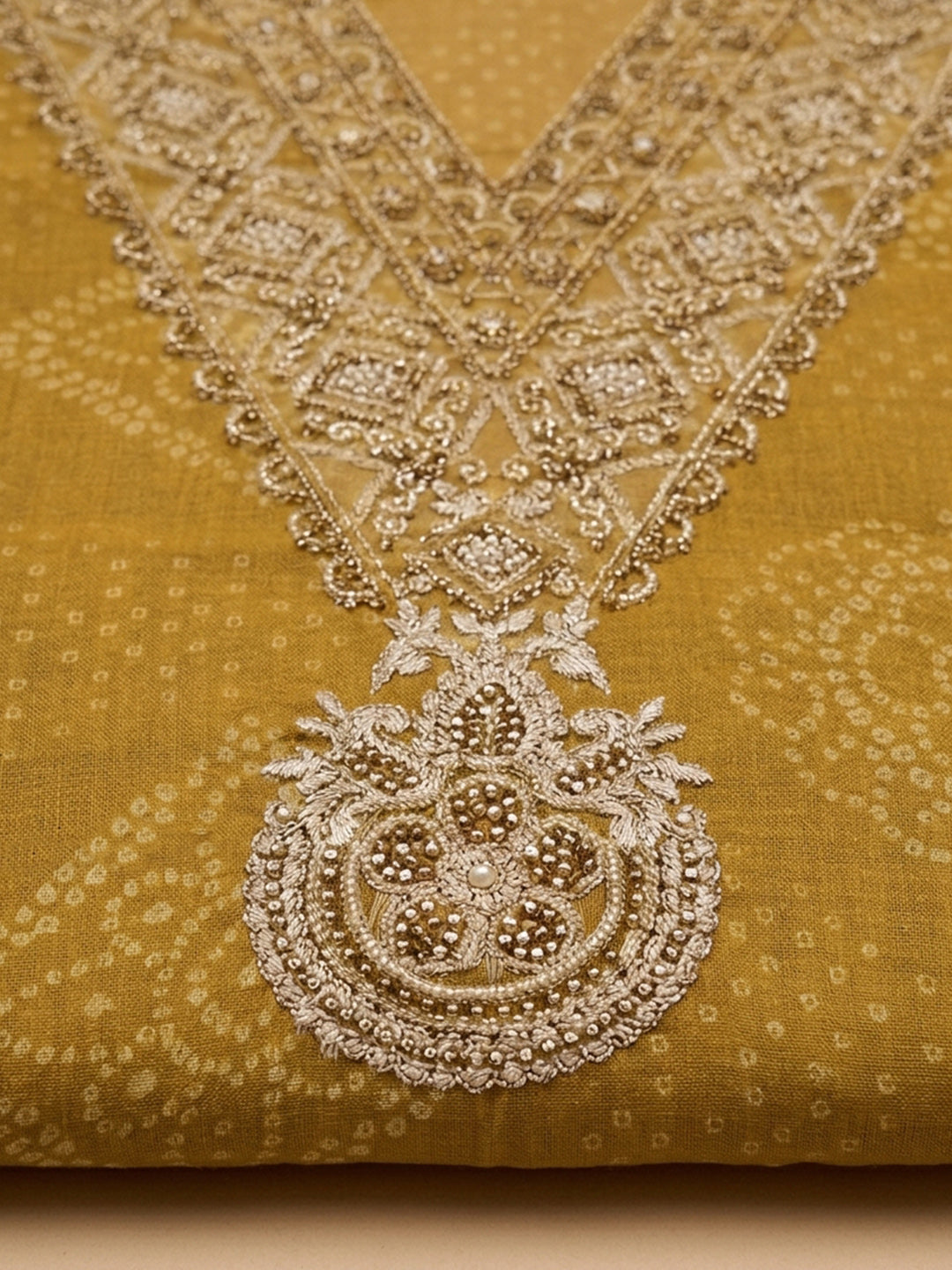 Mustard Embroidery Chanderi Unstitched Dress Material
