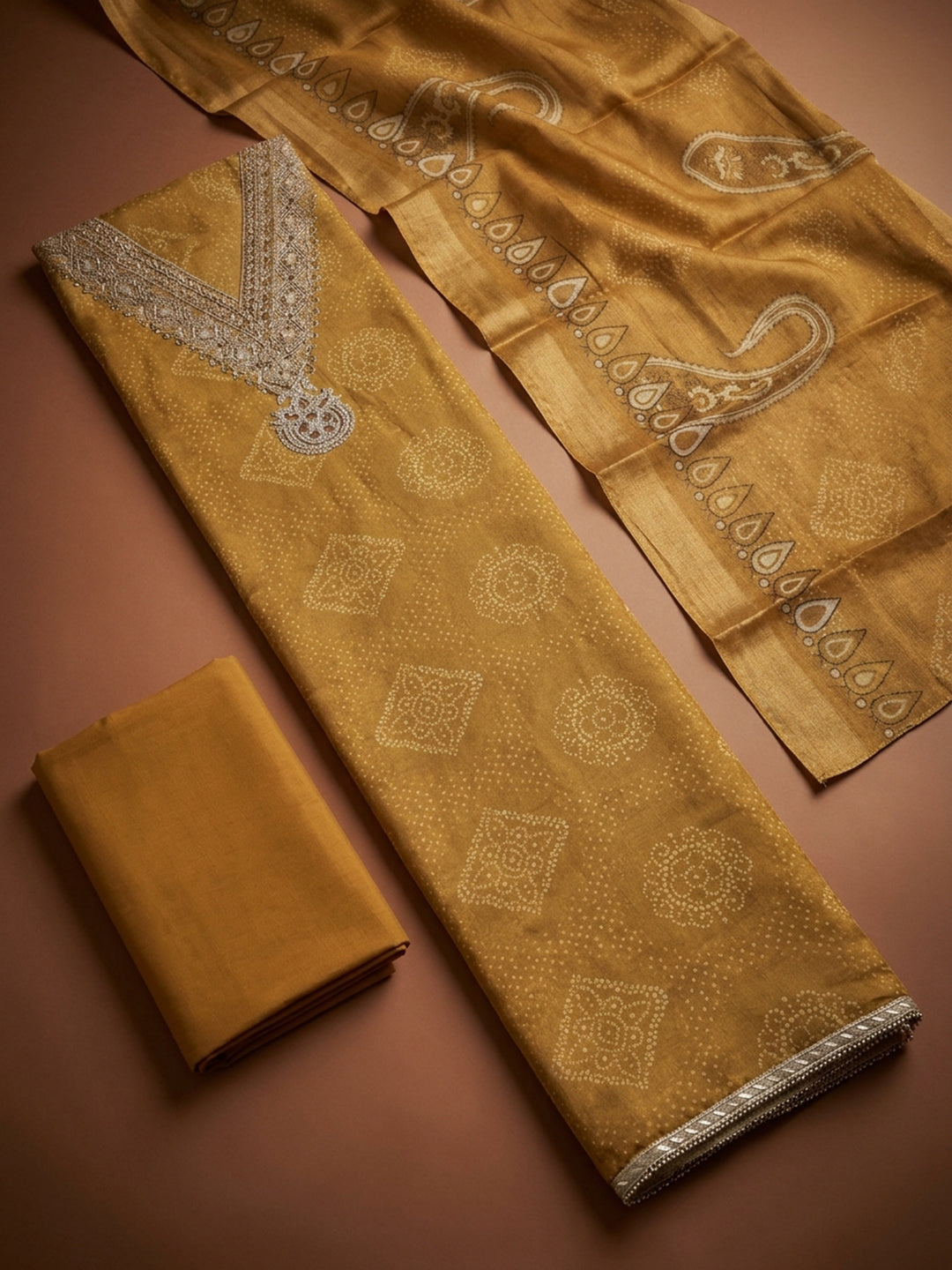 Mustard Embroidery Chanderi Unstitched Dress Material