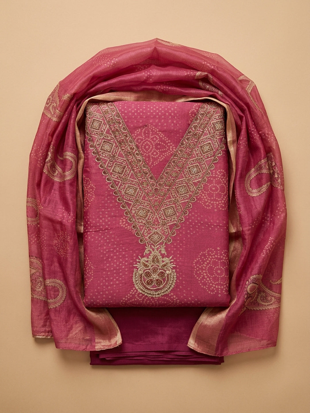 Onion Pink Embroidery Chanderi Unstitched Dress Material
