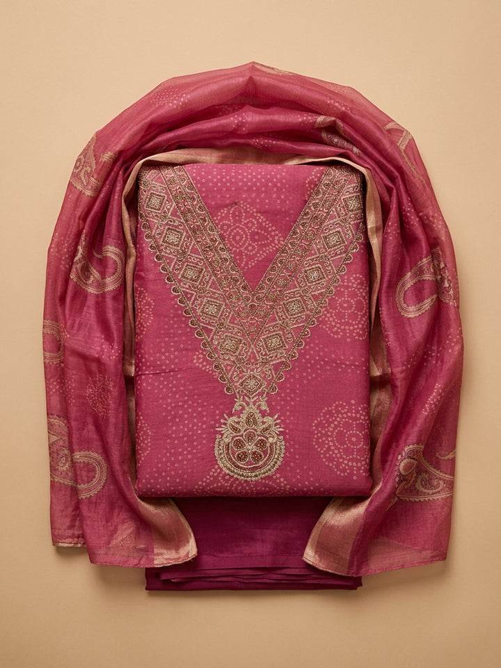 Onion Pink Embroidery Chanderi Unstitched Dress Material