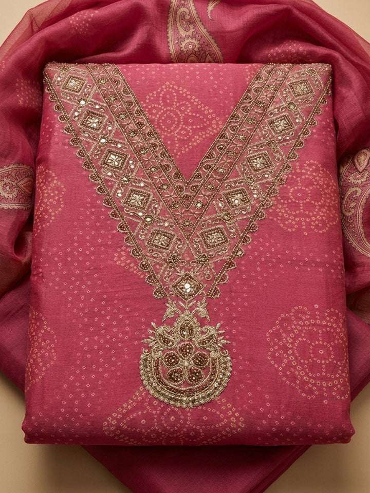 Onion Pink Embroidery Chanderi Unstitched Dress Material