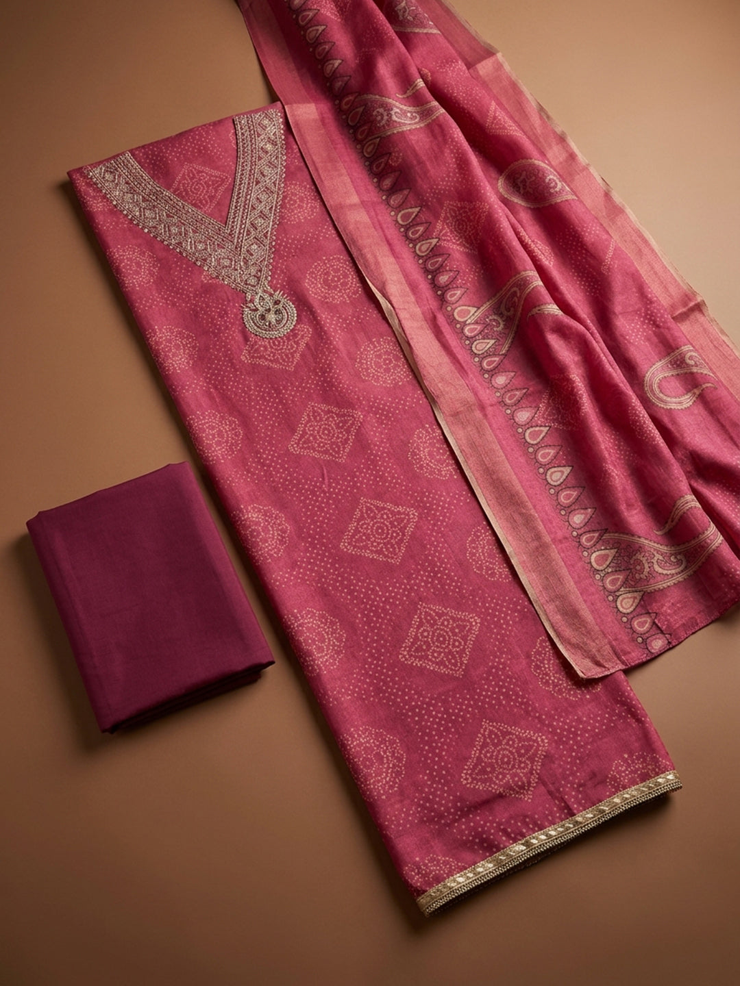 Onion Pink Embroidery Chanderi Unstitched Dress Material