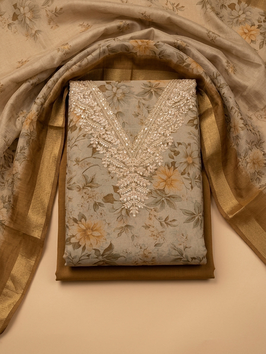 Beige Embroidery Chanderi Unstitched Dress Material