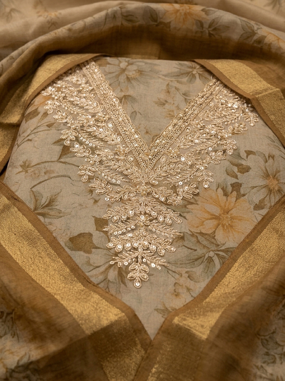 Beige Embroidery Chanderi Unstitched Dress Material