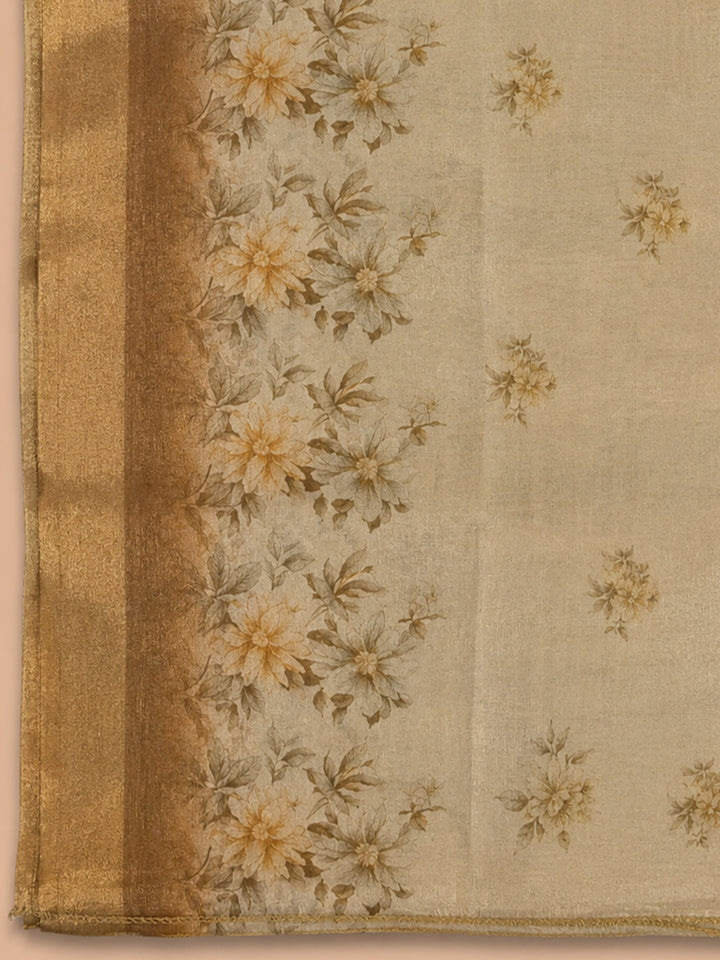 Beige Embroidery Chanderi Unstitched Dress Material