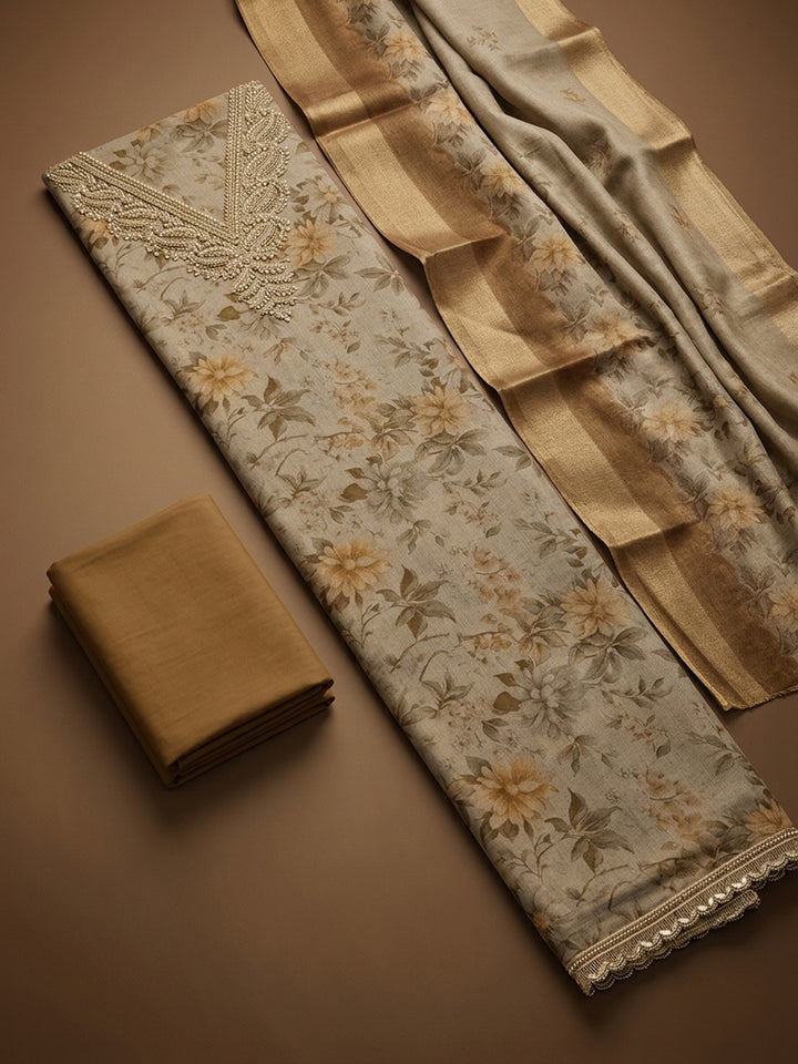 Beige Embroidery Chanderi Unstitched Dress Material