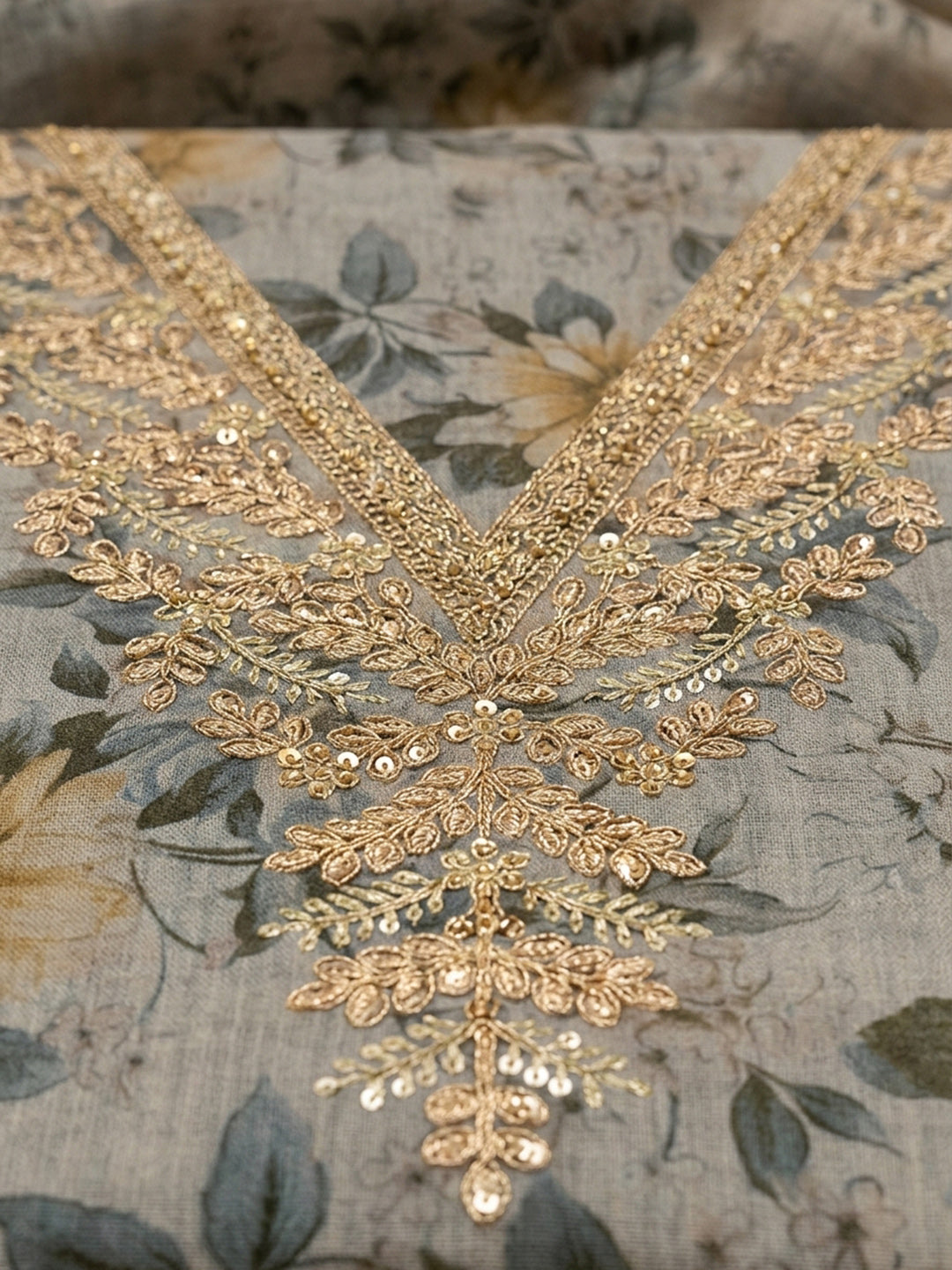 Grey Embroidery Chanderi Unstitched Dress Material